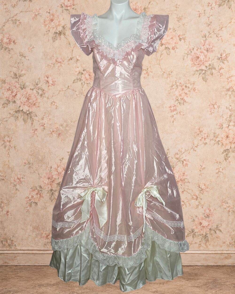 Vintage Gunne Sax Jessica McClintock Pink Satin Bows Lace Maxi Dress, S/M
